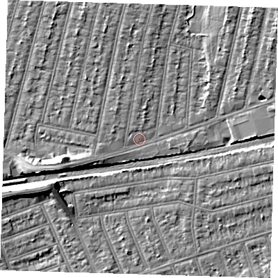 Shaded relief map of the ground around IG38RH, computed from Environment Agency LiDAR. The ground here sits at about 13 m above sea level and falls 8 m across the surrounding 800 m. Surface water reaching this point runs off ground lying to the west-south-west, 3.4 m higher.