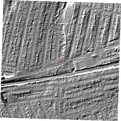 Shaded relief map of the ground around IG38RN, computed from Environment Agency LiDAR. The ground here sits at about 13 m above sea level and falls 8 m across the surrounding 800 m. Surface water reaching this point runs off ground lying to the north-north-east, 4.3 m higher.
