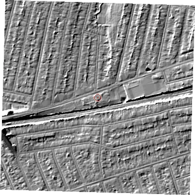 Shaded relief map of the ground around IG38RU, computed from Environment Agency LiDAR. The ground here sits at about 13 m above sea level and falls 8 m across the surrounding 800 m. Surface water reaching this point runs off ground lying to the south-west, 0.7 m higher.