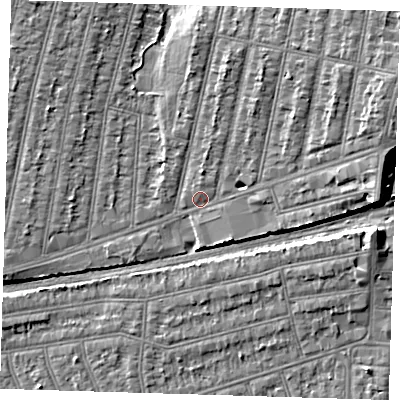 Shaded relief map of the ground around IG38RW, computed from Environment Agency LiDAR. The ground here sits at about 14 m above sea level and falls 9 m across the surrounding 800 m. Surface water reaching this point runs off ground lying to the east-north-east, 6.9 m higher.