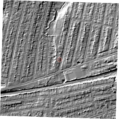 Shaded relief map of the ground around IG38SB, computed from Environment Agency LiDAR. The ground here sits at about 14 m above sea level and falls 8 m across the surrounding 800 m. Surface water reaching this point runs off ground lying to the north-north-east, 4.3 m higher.