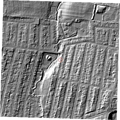 Shaded relief map of the ground around IG38SE, computed from Environment Agency LiDAR. The ground here sits at about 16 m above sea level and falls 8 m across the surrounding 800 m. Surface water reaching this point runs off ground lying to the south-south-west, 1.2 m higher.