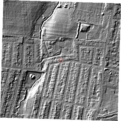 Shaded relief map of the ground around IG38SF, computed from Environment Agency LiDAR. The ground here sits at about 17 m above sea level and falls 7 m across the surrounding 800 m. Surface water reaching this point runs off ground lying to the south-east, 2.7 m higher.