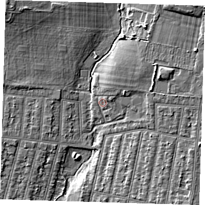 Shaded relief map of the ground around IG38UL, computed from Environment Agency LiDAR. The ground here sits at about 17 m above sea level and falls 10 m across the surrounding 800 m. Surface water reaching this point runs off ground lying to the north-east, 2.4 m higher.