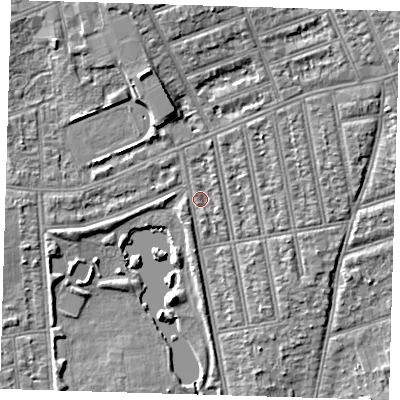 Shaded relief map of the ground around IG39AA, computed from Environment Agency LiDAR. The ground here sits at about 9 m above sea level and falls 7 m across the surrounding 800 m. Surface water reaching this point runs off ground lying to the north, 1.2 m higher.