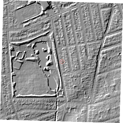 Shaded relief map of the ground around IG39AB, computed from Environment Agency LiDAR. The ground here sits at about 9 m above sea level and falls 6 m across the surrounding 800 m. Surface water reaching this point runs off ground lying to the north-east, 1.9 m higher.