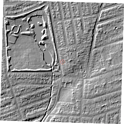 Shaded relief map of the ground around IG39AD, computed from Environment Agency LiDAR. The ground here sits at about 9 m above sea level and falls 6 m across the surrounding 800 m. Surface water reaching this point runs off ground lying to the north-north-east, 2.4 m higher.