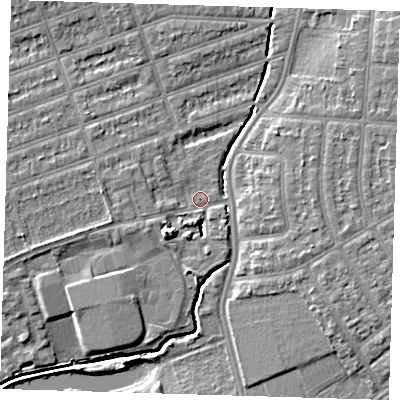 Shaded relief map of the ground around IG39AE, computed from Environment Agency LiDAR. The ground here sits at about 8 m above sea level and falls 8 m across the surrounding 800 m. Surface water reaching this point runs off ground lying to the west, 2.9 m higher.