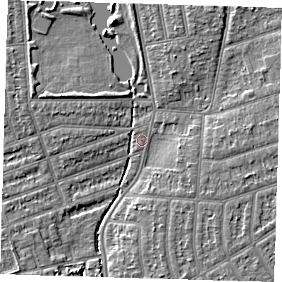 Shaded relief map of the ground around IG39AG, computed from Environment Agency LiDAR. The ground here sits at about 8 m above sea level and falls 6 m across the surrounding 800 m. Surface water reaching this point runs off ground lying to the west-north-west, 4.9 m higher.