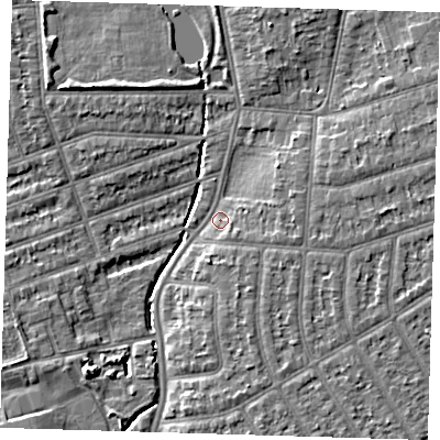 Shaded relief map of the ground around IG39AH, computed from Environment Agency LiDAR. The ground here sits at about 8 m above sea level and falls 6 m across the surrounding 800 m. Surface water reaching this point runs off ground lying to the east-north-east, 3.1 m higher.
