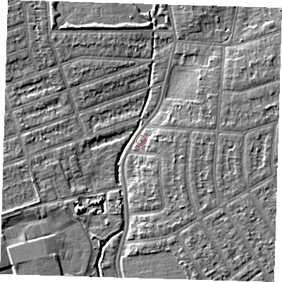 Shaded relief map of the ground around IG39AJ, computed from Environment Agency LiDAR. The ground here sits at about 8 m above sea level and falls 7 m across the surrounding 800 m. Surface water reaching this point runs off ground lying to the south-west, 6.2 m higher.