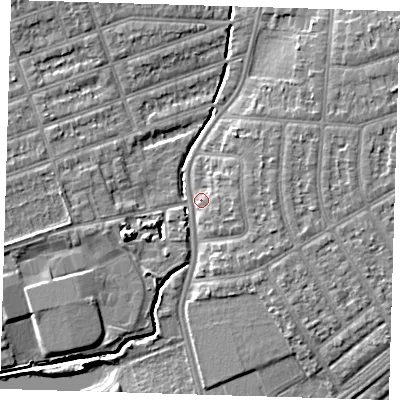 Shaded relief map of the ground around IG39AL, computed from Environment Agency LiDAR. The ground here sits at about 8 m above sea level and falls 8 m across the surrounding 800 m. Surface water reaching this point runs off ground lying to the west-south-west, 6.2 m higher.