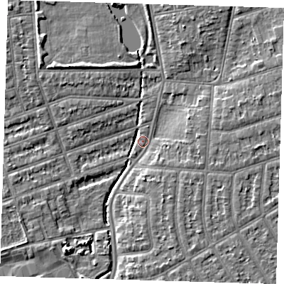 Shaded relief map of the ground around IG39AQ, computed from Environment Agency LiDAR. The ground here sits at about 8 m above sea level and falls 6 m across the surrounding 800 m. Surface water reaching this point runs off ground lying to the east-north-east, 3.1 m higher.