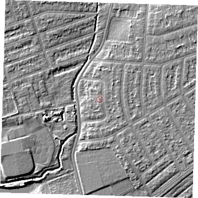 Shaded relief map of the ground around IG39AS, computed from Environment Agency LiDAR. The ground here sits at about 10 m above sea level and falls 8 m across the surrounding 800 m. Surface water reaching this point runs off ground lying to the north, 0.6 m higher.
