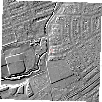 Shaded relief map of the ground around IG39AU, computed from Environment Agency LiDAR. The ground here sits at about 8 m above sea level and falls 8 m across the surrounding 800 m. Surface water reaching this point runs off ground lying to the north-east, 2.9 m higher.