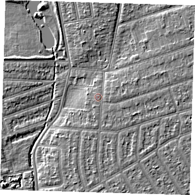 Shaded relief map of the ground around IG39BG, computed from Environment Agency LiDAR. The ground here sits at about 9 m above sea level and falls 6 m across the surrounding 800 m. Surface water reaching this point runs off ground lying to the east, 1.1 m higher.