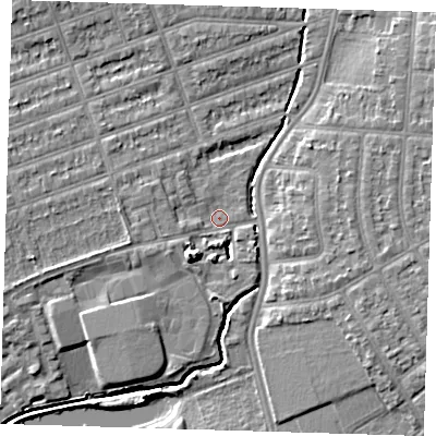 Shaded relief map of the ground around IG39FD, computed from Environment Agency LiDAR. The ground here sits at about 8 m above sea level and falls 8 m across the surrounding 800 m. Surface water reaching this point runs off ground lying to the west, 2.9 m higher.