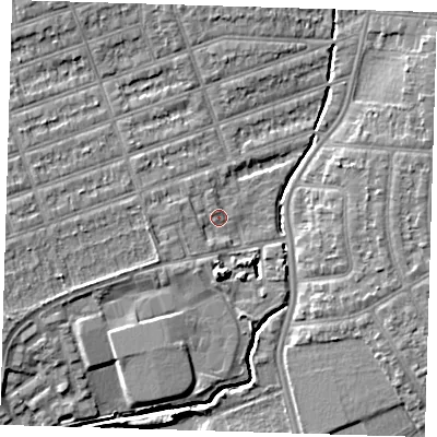 Shaded relief map of the ground around IG39FE, computed from Environment Agency LiDAR. The ground here sits at about 8 m above sea level and falls 8 m across the surrounding 800 m. Surface water reaching this point runs off ground lying to the west, 2.4 m higher.