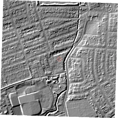 Shaded relief map of the ground around IG39FG, computed from Environment Agency LiDAR. The ground here sits at about 7 m above sea level and falls 7 m across the surrounding 800 m. Surface water reaching this point runs off ground lying to the west-south-west, 4.3 m higher.