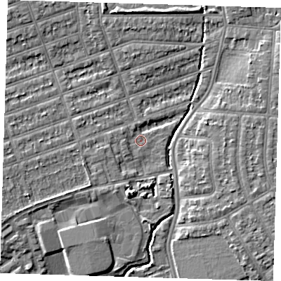 Shaded relief map of the ground around IG39FL, computed from Environment Agency LiDAR. The ground here sits at about 8 m above sea level and falls 7 m across the surrounding 800 m. Surface water reaching this point runs off ground lying to the west-south-west, 4.3 m higher.