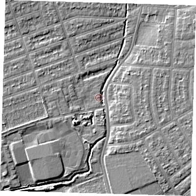 Shaded relief map of the ground around IG39FP, computed from Environment Agency LiDAR. The ground here sits at about 7 m above sea level and falls 8 m across the surrounding 800 m. Surface water reaching this point runs off ground lying to the west-south-west, 4.7 m higher.