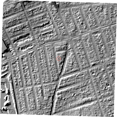 Shaded relief map of the ground around IG39HA, computed from Environment Agency LiDAR. The ground here sits at about 10 m above sea level and falls 7 m across the surrounding 800 m. Surface water reaching this point runs off ground lying to the north, 4.4 m higher.