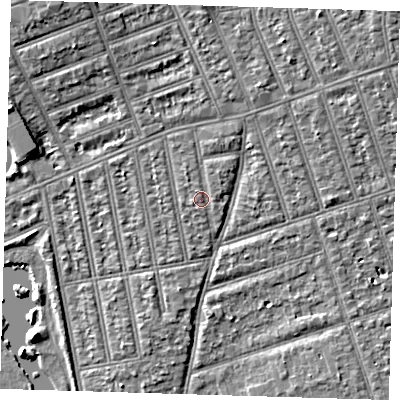 Shaded relief map of the ground around IG39HB, computed from Environment Agency LiDAR. The ground here sits at about 10 m above sea level and falls 6 m across the surrounding 800 m. Surface water reaching this point runs off ground lying to the north-east, 2.7 m higher.