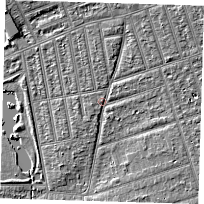 Shaded relief map of the ground around IG39HF, computed from Environment Agency LiDAR. The ground here sits at about 10 m above sea level and falls 7 m across the surrounding 800 m. Surface water reaching this point runs off ground lying to the north-north-east, 2.5 m higher.