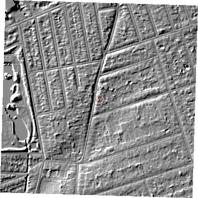 Shaded relief map of the ground around IG39HN, computed from Environment Agency LiDAR. The ground here sits at about 9 m above sea level and falls 6 m across the surrounding 800 m. Surface water reaching this point runs off ground lying to the north-north-east, 2.3 m higher.