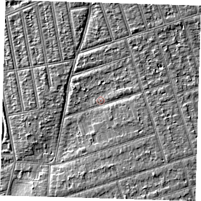 Shaded relief map of the ground around IG39HP, computed from Environment Agency LiDAR. The ground here sits at about 9 m above sea level and falls 4 m across the surrounding 800 m. Surface water reaching this point runs off ground lying to the north-north-east, 2.7 m higher.