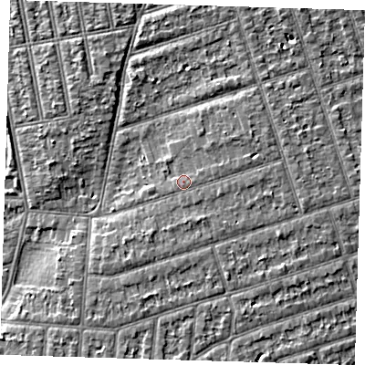 Shaded relief map of the ground around IG39HS, computed from Environment Agency LiDAR. The ground here sits at about 10 m above sea level and falls 3 m across the surrounding 800 m. Surface water reaching this point runs off ground lying to the east-north-east, 0.7 m higher.