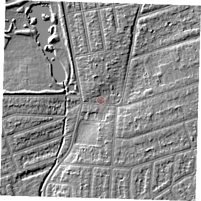Shaded relief map of the ground around IG39HT, computed from Environment Agency LiDAR. The ground here sits at about 8 m above sea level and falls 6 m across the surrounding 800 m. Surface water reaching this point runs off ground lying to the east-north-east, 2.7 m higher.