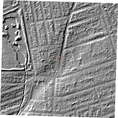 Shaded relief map of the ground around IG39HW, computed from Environment Agency LiDAR. The ground here sits at about 9 m above sea level and falls 5 m across the surrounding 800 m. Surface water reaching this point runs off ground lying to the east, 2.2 m higher.