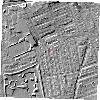Shaded relief map of the ground around IG39JE, computed from Environment Agency LiDAR. The ground here sits at about 10 m above sea level and falls 8 m across the surrounding 800 m. Surface water reaching this point runs off ground lying to the north, 5.1 m higher.
