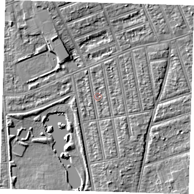 Shaded relief map of the ground around IG39JF, computed from Environment Agency LiDAR. The ground here sits at about 9 m above sea level and falls 6 m across the surrounding 800 m. Surface water reaching this point runs off ground lying to the north, 1.1 m higher.
