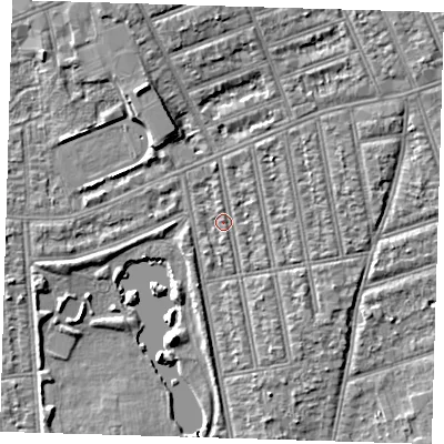 Shaded relief map of the ground around IG39JG, computed from Environment Agency LiDAR. The ground here sits at about 9 m above sea level and falls 6 m across the surrounding 800 m. Surface water reaching this point runs off ground lying to the north, 1.1 m higher.