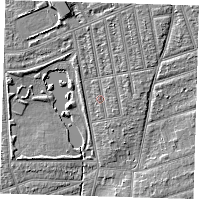 Shaded relief map of the ground around IG39JH, computed from Environment Agency LiDAR. The ground here sits at about 9 m above sea level and falls 6 m across the surrounding 800 m. Surface water reaching this point runs off ground lying to the south-east, 1.1 m higher.
