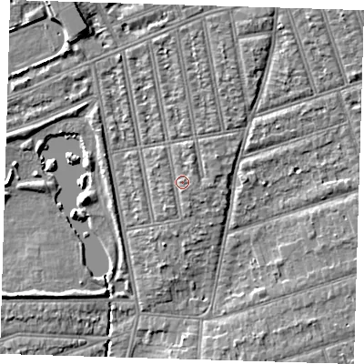 Shaded relief map of the ground around IG39JL, computed from Environment Agency LiDAR. The ground here sits at about 10 m above sea level and falls 6 m across the surrounding 800 m. Surface water reaching this point runs off ground lying to the north-east, 0.8 m higher.