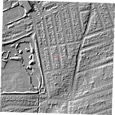 Shaded relief map of the ground around IG39JN, computed from Environment Agency LiDAR. The ground here sits at about 10 m above sea level and falls 6 m across the surrounding 800 m. Surface water reaching this point runs off ground lying to the east-north-east, 0.8 m higher.