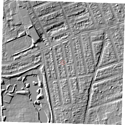 Shaded relief map of the ground around IG39JP, computed from Environment Agency LiDAR. The ground here sits at about 9 m above sea level and falls 6 m across the surrounding 800 m. Surface water reaching this point runs off ground lying to the north-north-east, 1.1 m higher.