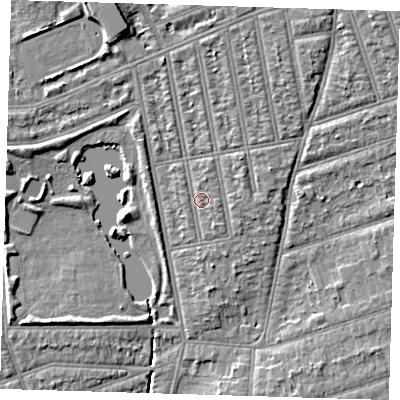 Shaded relief map of the ground around IG39JQ, computed from Environment Agency LiDAR. The ground here sits at about 9 m above sea level and falls 6 m across the surrounding 800 m. Surface water reaching this point runs off ground lying to the south-south-east, 1.1 m higher.