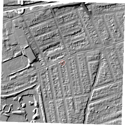 Shaded relief map of the ground around IG39JR, computed from Environment Agency LiDAR. The ground here sits at about 10 m above sea level and falls 9 m across the surrounding 800 m. Surface water reaching this point runs off ground lying to the north, 4.9 m higher.