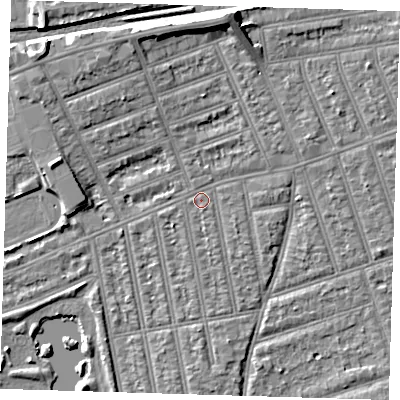 Shaded relief map of the ground around IG39JS, computed from Environment Agency LiDAR. The ground here sits at about 10 m above sea level and falls 9 m across the surrounding 800 m. Surface water reaching this point runs off ground lying to the north-east, 1.2 m higher.