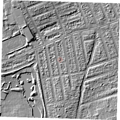 Shaded relief map of the ground around IG39JW, computed from Environment Agency LiDAR. The ground here sits at about 10 m above sea level and falls 6 m across the surrounding 800 m. Surface water reaching this point runs off ground lying to the north, 1.1 m higher.