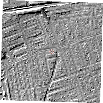 Shaded relief map of the ground around IG39JX, computed from Environment Agency LiDAR. The ground here sits at about 10 m above sea level and falls 9 m across the surrounding 800 m. Surface water reaching this point runs off ground lying to the north-north-west, 6.3 m higher.