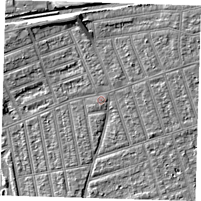 Shaded relief map of the ground around IG39JZ, computed from Environment Agency LiDAR. The ground here sits at about 10 m above sea level and falls 9 m across the surrounding 800 m. Surface water reaching this point runs off ground lying to the north-north-west, 6.2 m higher.