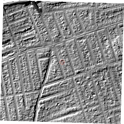Shaded relief map of the ground around IG39LB, computed from Environment Agency LiDAR. The ground here sits at about 10 m above sea level and falls 8 m across the surrounding 800 m. Surface water reaching this point runs off ground lying to the north, 1.0 m higher.