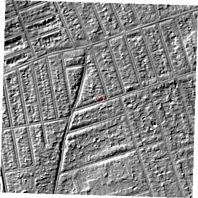 Shaded relief map of the ground around IG39NA, computed from Environment Agency LiDAR. The ground here sits at about 10 m above sea level and falls 5 m across the surrounding 800 m. Surface water reaching this point runs off ground lying to the north, 1.7 m higher.