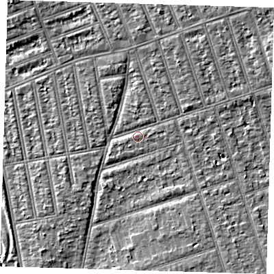 Shaded relief map of the ground around IG39NB, computed from Environment Agency LiDAR. The ground here sits at about 10 m above sea level and falls 6 m across the surrounding 800 m. Surface water reaching this point runs off ground lying to the north-north-east, 1.8 m higher.
