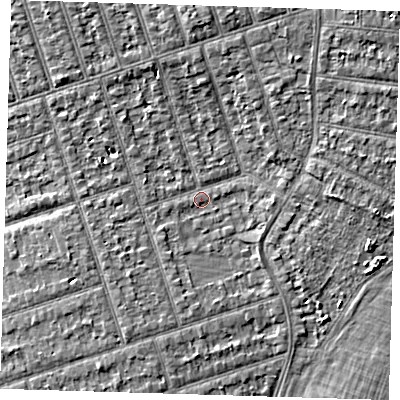 Shaded relief map of the ground around IG39NG, computed from Environment Agency LiDAR. The ground here sits at about 9 m above sea level and falls 5 m across the surrounding 800 m. Surface water reaching this point runs off ground lying to the north, 3.8 m higher.
